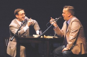 Moe, right, hosts his friend, writer John Hodgman (yes, it’s the PC guy from Mac ads) in an MPR tryout of Wits last year. (Photo: Tom Campbell, MPR.)