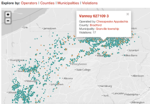 NPR’s map of fracking sites in Pennsylvania shows which well drillers have been cited for environmental violations. Green dots signify no violations; orange means one or more.