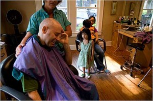 When chemo made his hair start to fall out, Kaplan told his kids he was getting a “super-crazy summer haircut” and brought them along. The family fun was interrupted  momentarily when Kaplan was overcome with emotion. (Image by John Kaplan.)