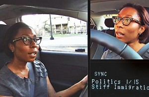 In an NPR promo, host Audie Cornish test drives a Ford with SYNC, a smartphone and an NPR app that lets her call up stories of her choice. Or Chicago Public Radio from the streets of D.C. (Image from NPR video.)