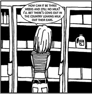 A player in San Francisco, Anda, captured her oil shock experience in a series of graceful comics, depicting fruitless trips to the empty grocery store. (Art: Jennifer Delk.)