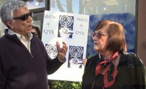 Arlene Engelhardt, right, at a 2010 protest of program changes at KPFA (Photo: kpfaworker9415 via YouTube).