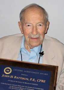 John Battison with the Society of Broadcast Engineers Lifetime Achievement Award, later named in his honor. (Photo: SBE)