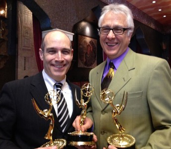 WTTW's Geoffrey Baer, left, and Daniel Andries, celebrate multiple Emmys awarded to their documentary on architect Michael Graves. WTTW won a total of seven Emmys in the 2012 Midwest regional contest. 