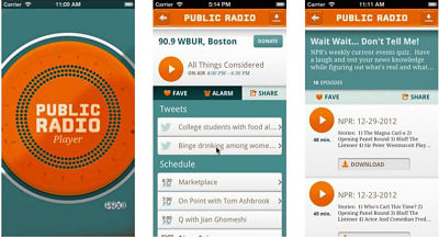 Screen shots from the forthcoming update to PRX's Public Radio Player.