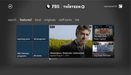 A screenshot of the Xbox Live app from PBS that will make local station programming and a limited selection of national content available to users of the gaming console as well as owners of Roku video streaming boxes.