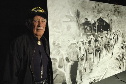 Bataan Death March veteran Pedro "Pete" Gonzalez recognized himself in this photograph of the march, on the set of PBS New Mexico's Bataan: A 70th Anniversary Commemoration. (Photo: KNME)