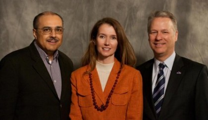 "There is so much fear around mergers and the potential loss of control," says RMPBS chief Doug Price, right. But the agreement with KUVO and the I-News allows each public media outlet to strengthen its public service. From left, merger partners Carlos Lando of KUVO and Laura Frank of I-News. (Photo: Mike Pappas)