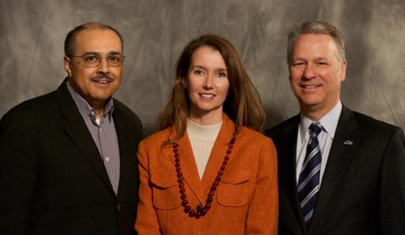 "There is so much fear around mergers and the potential loss of control," says RMPBS chief Doug Price, right. But the agreement with KUVO and the I-News allows each public media outlet to strengthen its public service. From left, merger partners Carlos Lando of KUVO and Laura Frank of I-News. (Photo: Mike Pappas)