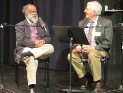 WCLV-FM's Robert Conrad, right, talks to composer Jeffrey Mumford, who wrote the fanfare used on the air as part of the station’s recent 50th anniversary celebrations. (Photo: ideastream)
