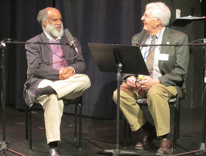 WCLV-FM's Robert Conrad, right, talks to composer Jeffrey Mumford, who wrote the fanfare used on the air as part of the station’s recent 50th anniversary celebrations. (Photo: ideastream)