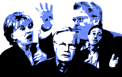 Collage of faces: Mitchell, Moyers, Tomlinson & Pack