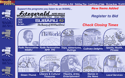 WAMU web page offering various categories of merchandise, including trips, dinners, tickets.