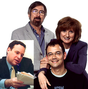 Scheer with beard, Huffington with mousse, Miller in sweatshirt, Frum in inset shuffling papers at desk