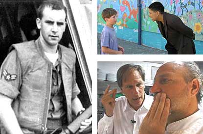 Soldier with rifle at left, Martin interviewing boy at right, Krulwich in restaurant kitchen, below right